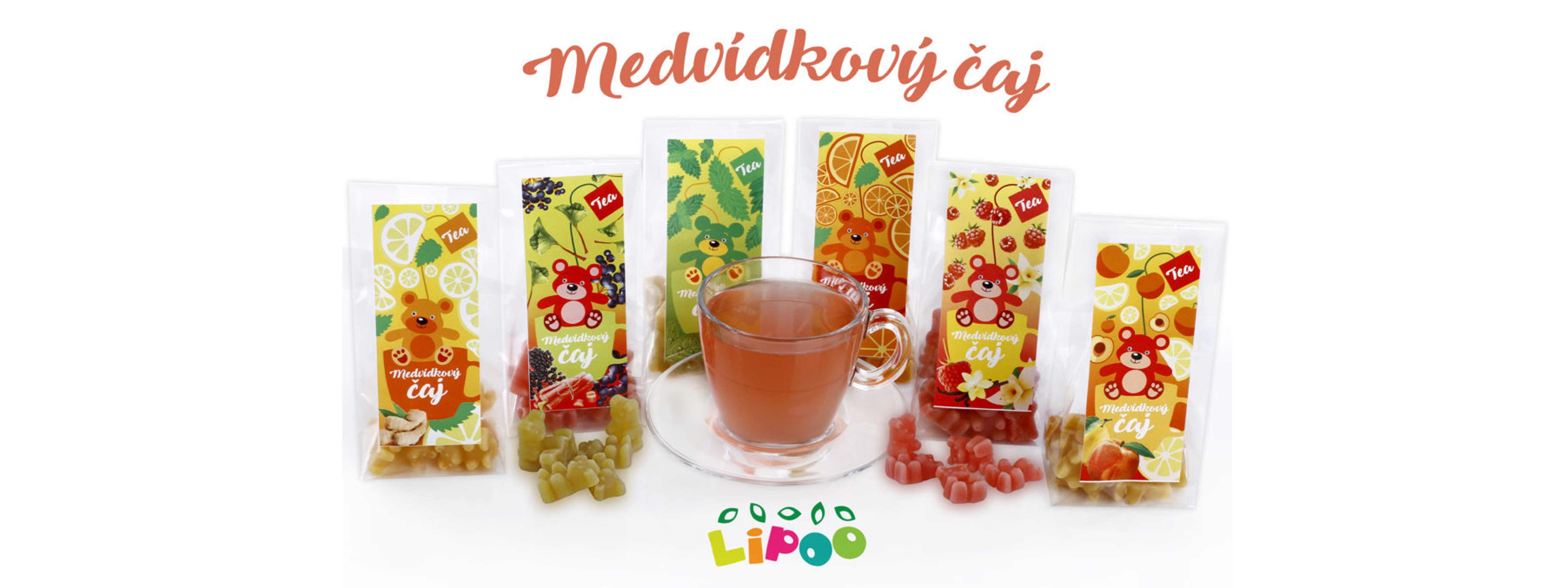 Medvídkový čaj Lipoo – různá balení s ovocnými příchutěmi a sklenicí připraveného nápoje